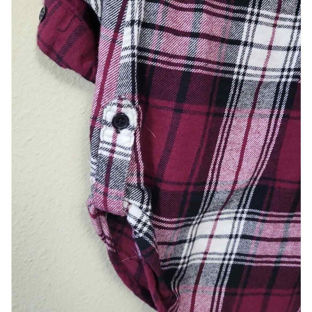 Nobo Women's Size L Button Up Plaid Blouse Berry With Lace Inset Roll Tab Sleeve - Picture 6 of 8